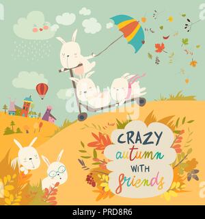 Carino crazy conigli giocando in autunno caduta stagione Illustrazione Vettoriale