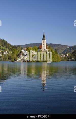 Isola Blejski Otok con la Chiesa di Santa Maria, lago di Bled Bled, Slovenia Foto Stock