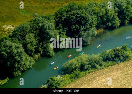 Vista aerea, barche a remi sul fiume Lippe, Lippeauen tra Dolberg e Hamm-Uentrop, riserva naturale, Dolberg, Ahlen Foto Stock