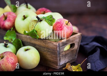 Fresche e mature mele colorate in una scatola di legno su sfondo rustico Foto Stock
