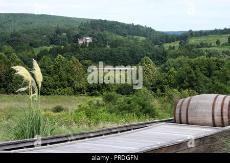 Vista dell'area intorno al James River state Park, Virginia, Stati Uniti. Vecchio batteau in legno con barile in primo piano. Foto Stock