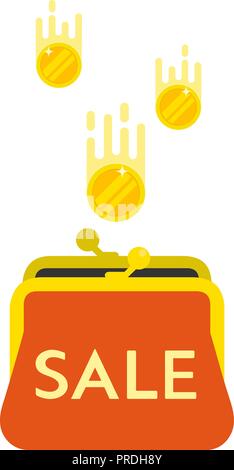 Vendita iscrizione sul red portamonete. Borsa con le monete d'oro. Isolato illustrazione vettoriale su sfondo bianco. Illustrazione Vettoriale