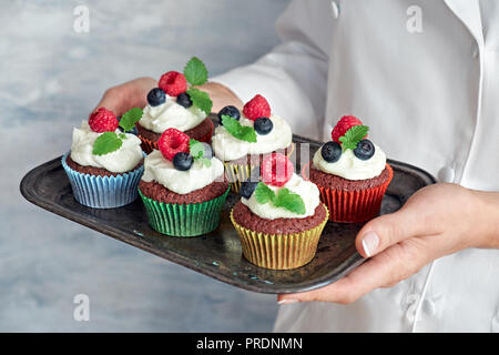 Close-up su mani femminili di pastry chef in abito bianco tenendo un vassoio di tortini di cioccolato o muffin decorata con frutti di bosco Foto Stock