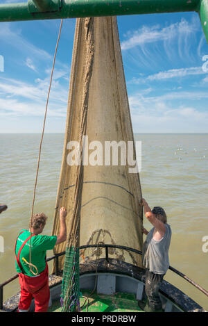 Due fisherman preparare un trascinamento net per la pesca dei gamberetti. Foto Stock