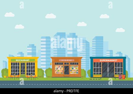 Set di vector design piatto esterno ristoranti e negozi facciata: book store, supermercato. Negozio finestra anteriore edifici le icone con lo sfondo della città. Illustrazione Vettoriale