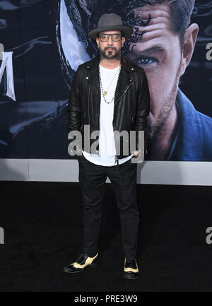 Westwood, CA, Stati Uniti d'America. 1 Ott 2018. 01 Ottobre 2018 - Westwood, California - AJ McLean. ''Venom " Los Angeles Premiere detenute al Regency Village Theatre. Photo credit: Birdie Thompson/AdMedia Credito: Birdie Thompson/AdMedia/ZUMA filo/Alamy Live News Foto Stock