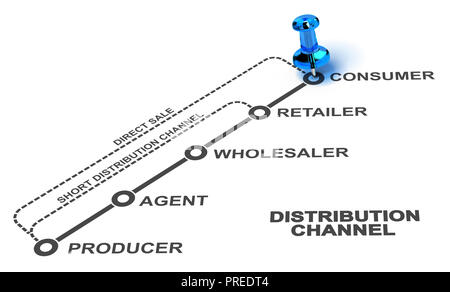 Schema di un lungo, breve e canali di distribuzione diretta su sfondo bianco. 3D'illustrazione. Foto Stock