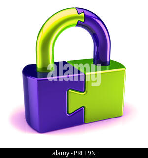 Abstract di sicurezza puzzle lock lucchetto armadio verde blu. protezione enigma, enigma simbolo del concetto di crittografia. 3d illustrazione Foto Stock