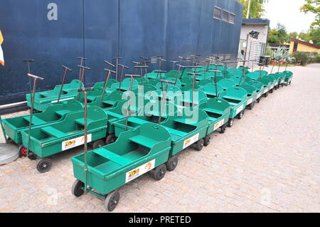 Handcarts a Wroclaw ZOO utilizzati per il trasporto di bambini. La Polonia. Settembre 2018 Foto Stock