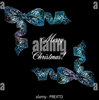 Elegante sfondo di Natale o il telaio con argento-blu splendente archi e testo bianco Buon Natale su sfondo nero Foto Stock