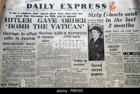 Titoli in prima pagina del quotidiano Daily Express London UK 'Hitler ha dato l'ordine 'Bomb il Vaticano' ' novembre 10 1943 Archivi della seconda guerra mondiale Foto Stock