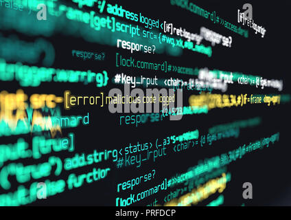 Codice di programmazione per computer. Sicurezza online, hacking e digitali sullo sfondo del firewall 3D illustrazione Foto Stock