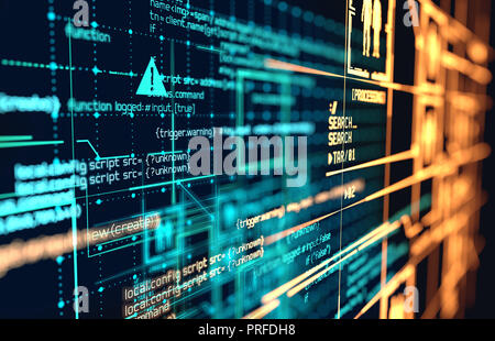 Futuristico codice di programmazione e grandi le connessioni di dati e schemi di rete. 3D'illustrazione. Foto Stock