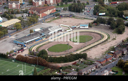 Vista aerea del Cinodromo Belle Vue Stadium e Manchester Foto Stock