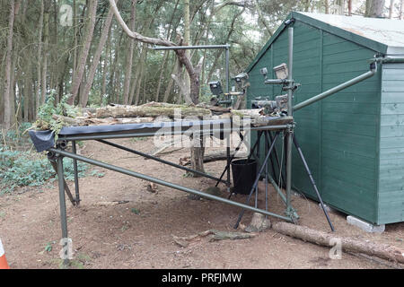 La fauna selvatica fotocamera reflex digitale attrezzatura di trappola comprendente tre telecamere, tre speedlight lampeggia un sensore remoto su un laghetto di riflessione, East Yorkshire, Regno Unito. Foto Stock