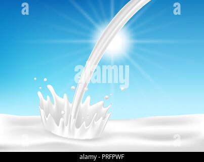 Latte o yogurt versando giù con spruzzi e realistico goccia di latte isolate su sfondo blu. illustrazione vettoriale Illustrazione Vettoriale