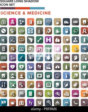 La scienza della medicina set di icone con lunga ombra. Design piatto stile. Semplice icona quadrata. Schermo piatto a colori e icone. Pagina del sito web e mobile app design eleme vettore Illustrazione Vettoriale