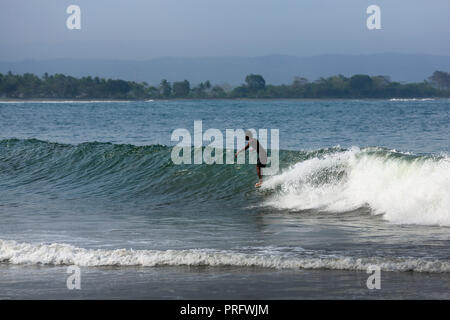 Appendere dieci mentre longboard surf un ondata di Batu Karas, Java, Indonesia Foto Stock
