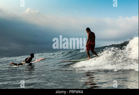 Longboard surf un ondata di Batu Karas, Java, Indonesia Foto Stock