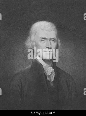 Ritratto inciso di Thomas Jefferson, il terzo presidente degli Stati Uniti e membro del Congresso continentale, un americano Padre Fondatore da Shadwell, Virginia, 1837. Dalla Biblioteca Pubblica di New York. () Foto Stock