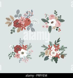 Set di disegnato a mano bouquet invernale fatta di evergreen rami, foglie, frutti di bosco e frutta e fiori. Natale composizione floreale. Isolati gli oggetti vettoriali. Illustrazione Vettoriale