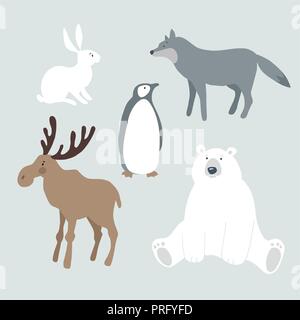 Set di wild inverno animali e uccelli. Simpatico orso polare, alci, lupi, lepre, il coniglio e il pinguino. Natale design nordico. Illustrazioni vettoriali, isolato di oggetti grafici. Illustrazione Vettoriale