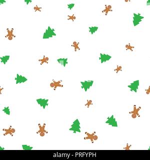 Biscotti a forma di piccoli uomini e e albero di natale seamless pattern. Isolato su uno sfondo bianco. Illustrazione Vettoriale. Illustrazione Vettoriale