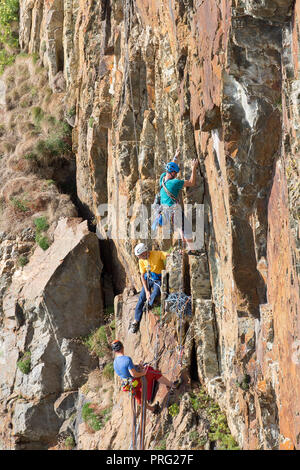 Ritratto cattura, tre uomini godendo di sfida di sport estremo attività: la discesa in corda doppia e le arrampicate su roccia su rockface a sud scogliere di stack, Anglesey, Regno Unito. Foto Stock