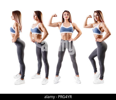 Collage di donna in abbigliamento sportivo ha dimostrato la sua forza muscolare del corpo atletico Foto Stock