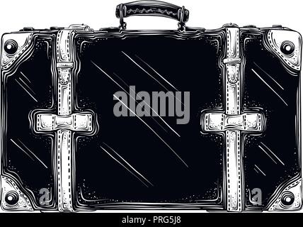 Mano bozzetto di retrò valigia in isolato nero su sfondo bianco. Dettagliato in stile vintage disegno. Illustrazione Vettoriale Illustrazione Vettoriale