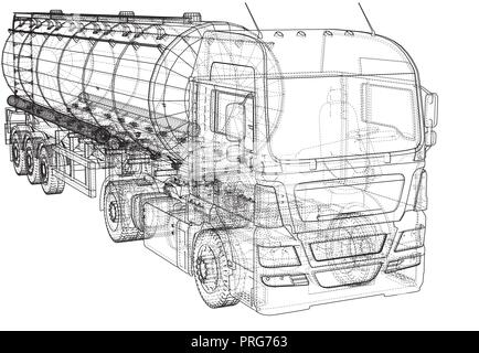 Grande camion cisterna con rimorchio. Isolato su sfondo grigio. Creato illustrazione di 3d. Illustrazione Vettoriale