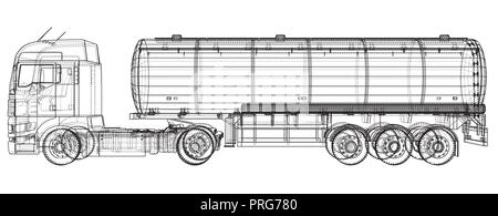 Cisterna di benzina, olio rimorchio, carrello su autostrada. Molto rapidamente la guida. Creato illustrazione di 3d. Filo-telaio Illustrazione Vettoriale