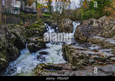 Afon (Fiume) Llugwy che scorre attraverso la città di Betws-y-coed guardando ad ovest Snowdonia National Park North Wales UK Ottobre 4167 Foto Stock