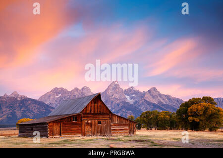Uno dei Moulton Granai su mormone fila al Parco Nazionale di Grand Teton. Foto Stock