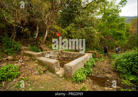 La molla vicino al vecchio albero di mango a) Percorrere villaggio sulle colline di Kumaon, reso famoso da Jim Corbett nel suo libro Maneaters del Kumaon, Uttarakhand, India Foto Stock