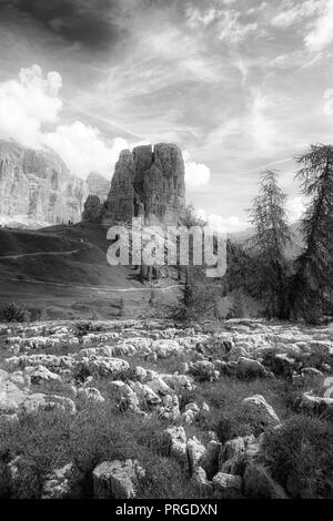 Cinque Torri, Ampezzo dolomiti. In primo piano la torre principale e sullo sfondo la Tofana de Rozes massiccio, in montagna vicino a Cortina d'Am Foto Stock