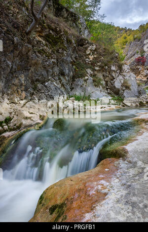 Incredibile Colore di autunno pallet di alberi in uno stretto canyon con mountain creek cascades Foto Stock