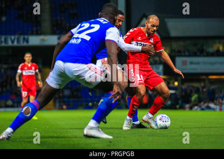 Ipswich, Suffolk, Regno Unito. Il 2 ottobre, 2018. 2° ottobre 2018, Portman Road, Ipswich, Inghilterra; Sky Campionato Bet Ipswich Town v Middlesbrough ; Martin Braithwaite (10) di Middlesbrough sulla sfera. Credito: Georgie Kerr/News immagini, English Football League immagini sono soggette a licenza DataCo Credito: News immagini /Alamy Live News Foto Stock