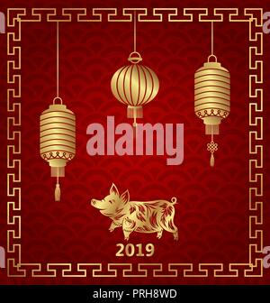 Felice Anno Nuovo Cinese 2019 Zodiaco, sfondo lanterna Illustrazione Vettoriale