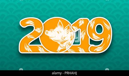 Felice Anno Nuovo Cinese 2019 carta con il maiale, Abstract Taglio carta Design Illustrazione Vettoriale