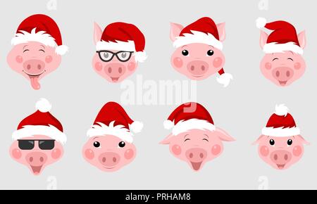 Set di suini di Natale con cappelli di Babbo Natale. Simbolo 2019 Anno Nuovo Illustrazione Vettoriale