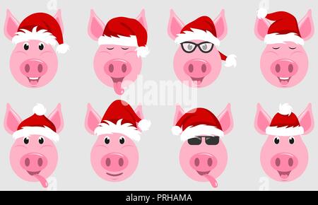 Funny suini in cappelli di Babbo Natale, simbolo cinese Capodanno 2019 Illustrazione Vettoriale