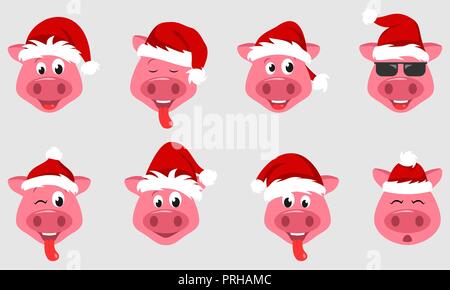 Raccolta di suini di Natale con cappelli di Babbo Natale. Simbolo 2019 Anno Nuovo Illustrazione Vettoriale