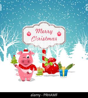 Maiale divertenti indossando Santa con cappello di Natale confezioni regalo. Natura invernale di nevicare decorazione Illustrazione Vettoriale