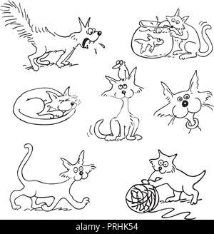 Cat cartoon set . delineato disegno animato bozzetto illustrazione vettore. Illustrazione Vettoriale