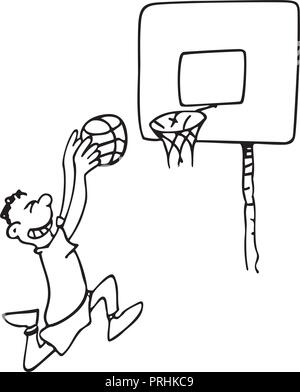 Ragazzo giocando a basket. delineato disegno animato bozzetto illustrazione vettore. Illustrazione Vettoriale