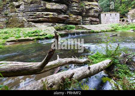 Dolský mlýn, řeka Kamenice, Jetřichovice, národni park České Švýcarsko, Česká republika / Dolsky mulino sul fiume Kamenice, Jetrichovice regione, Cz Foto Stock