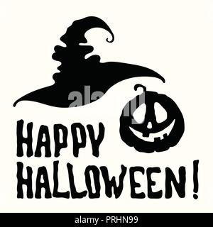 Vettore stencil happy Halloween titolo con zucca lanterna, Gatto nero, witch hat, ghost, la mummia, bat isolati su sfondo bianco Illustrazione Vettoriale