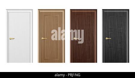Vettore diverso realistico chiuso bianco, marrone e nero porta di legno icona impostare closeup isolati su sfondo bianco. Elementi di architettura. Modello di progettazione per la grafica. Colorati porte anteriori per le case e gli edifici raccolta. Vista frontale Illustrazione Vettoriale