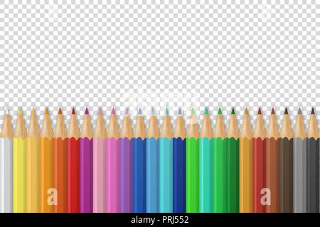 Sfondo vettoriale con realistica 3D colorato in legno matite colorate o pastelli su trasparenza sfondo della griglia con spazio per i messaggi di testo o. Modello di progetto per il ritorno a scuola, bambino il concetto di creatività. Vista superiore Illustrazione Vettoriale